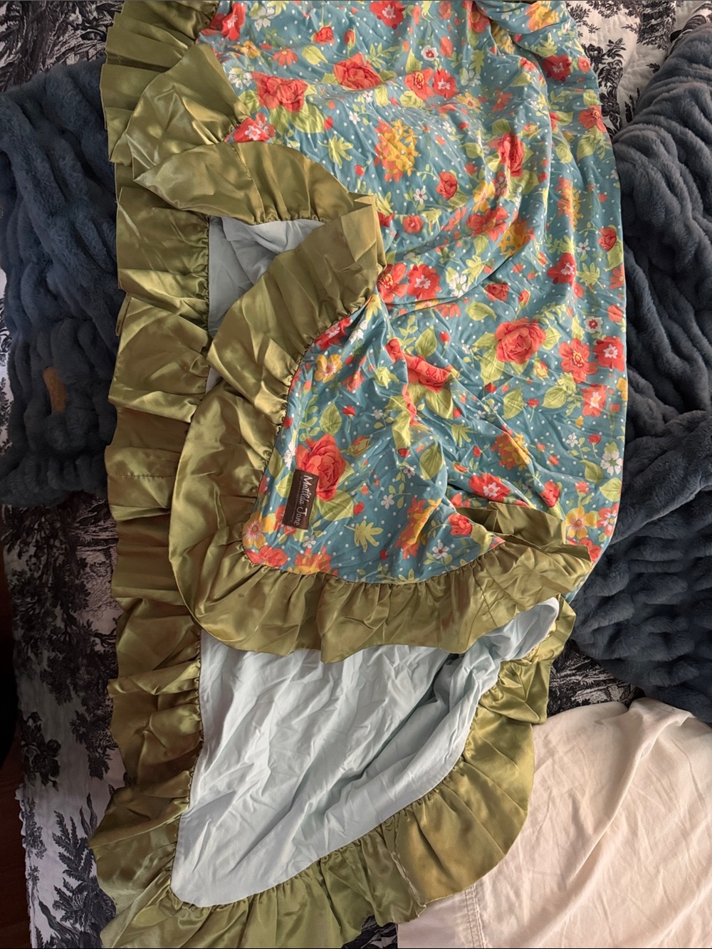 Matilda Jane Aqua Floral Blanket with Olive Ruffle